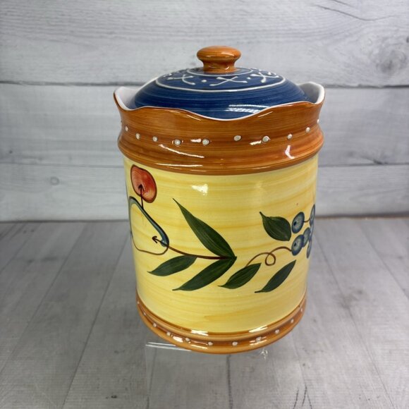 Salute TUSCAN FRUIT Pears Grapes Embossed Dots Ceramic Lidded 9" Large Canister - Picture 3 of 16